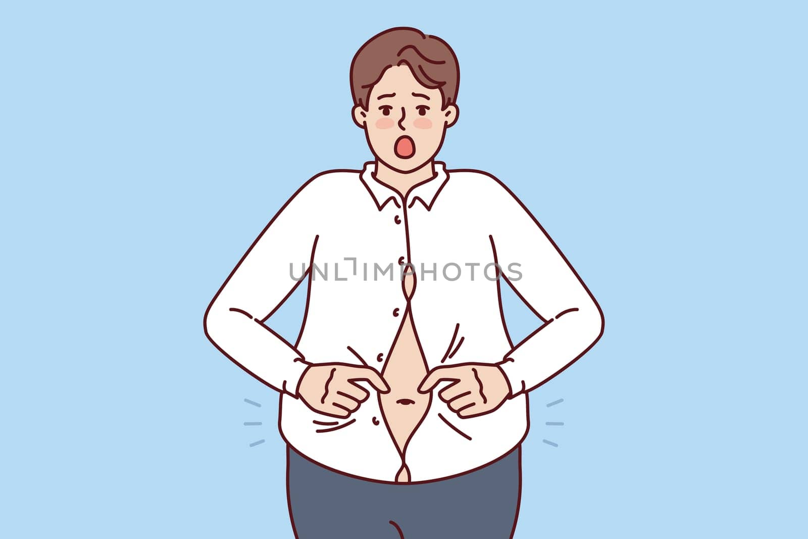 Fat man with big belly is trying to button up small shirt and is screaming in excitement at being overweight. Overweight guy needs help of nutritionist or fitness trainer to get rid of excess weight.