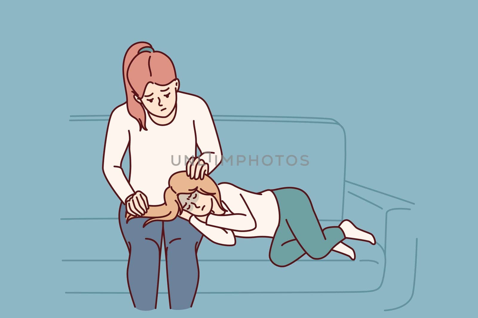 Mom takes care of sick daughter lying on knees, and in need of medicine for flu or cold. Mom strokes head of child who has contracted infectious virus due to sharp change in weather.