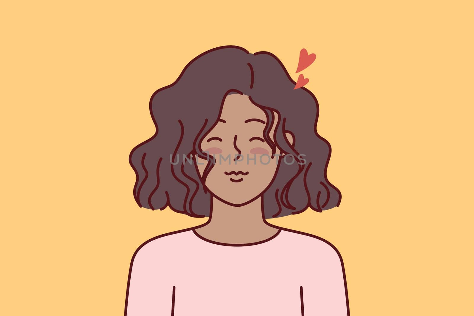 Little teen girl has romantic feelings and closes eyes, dreaming of loving boyfriend or big family. African american ethnic teenager girl with hearts near head symbolizing love and romance