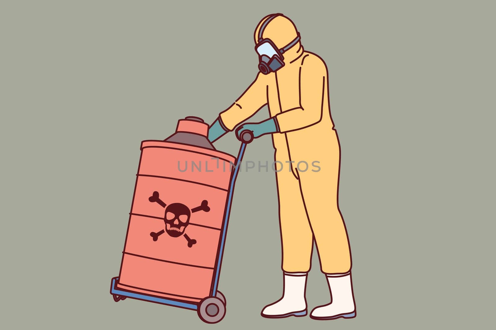 Dangerous toxic substances in barrel near specialist in chemical protection suit and respirator. Harmful toxic waste in red cask on trolley for transportation, for concept of environmental pollution