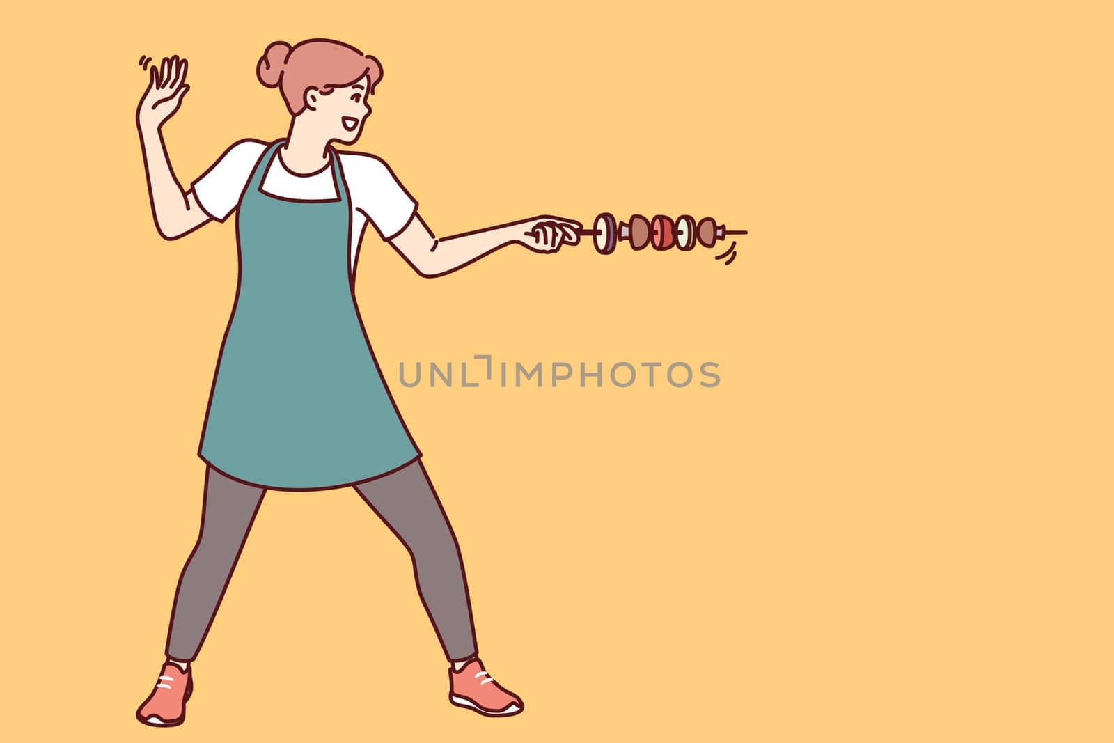 Housewife woman with vegetable kebab stands in swordsman pose and uses skewer instead of sword. Happy culinary girl in apron rejoices at opportunity to cook kebab from healthy ingredients