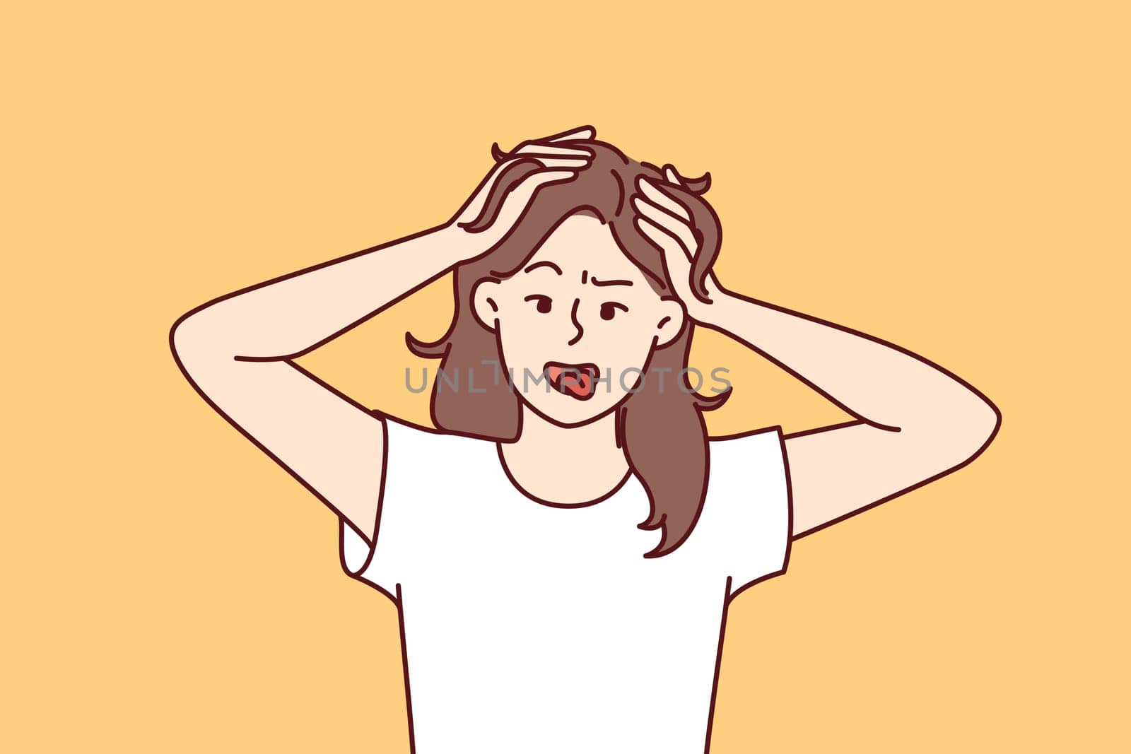 Funny woman with crazy grimace ruins own hair, suffering from mental disorder and need of medication. Girl in white t-shirt makes funny expression to cheer up friends or small child.