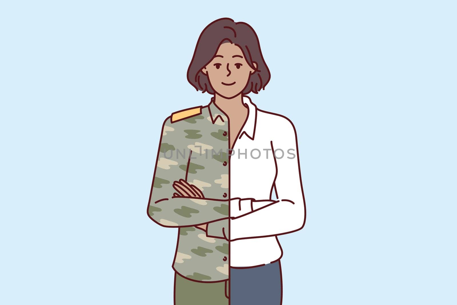 Woman is dressed in military uniform and business attire at same time, for concept of career change after serving in army. Girl manager of military company stands with arms crossed.