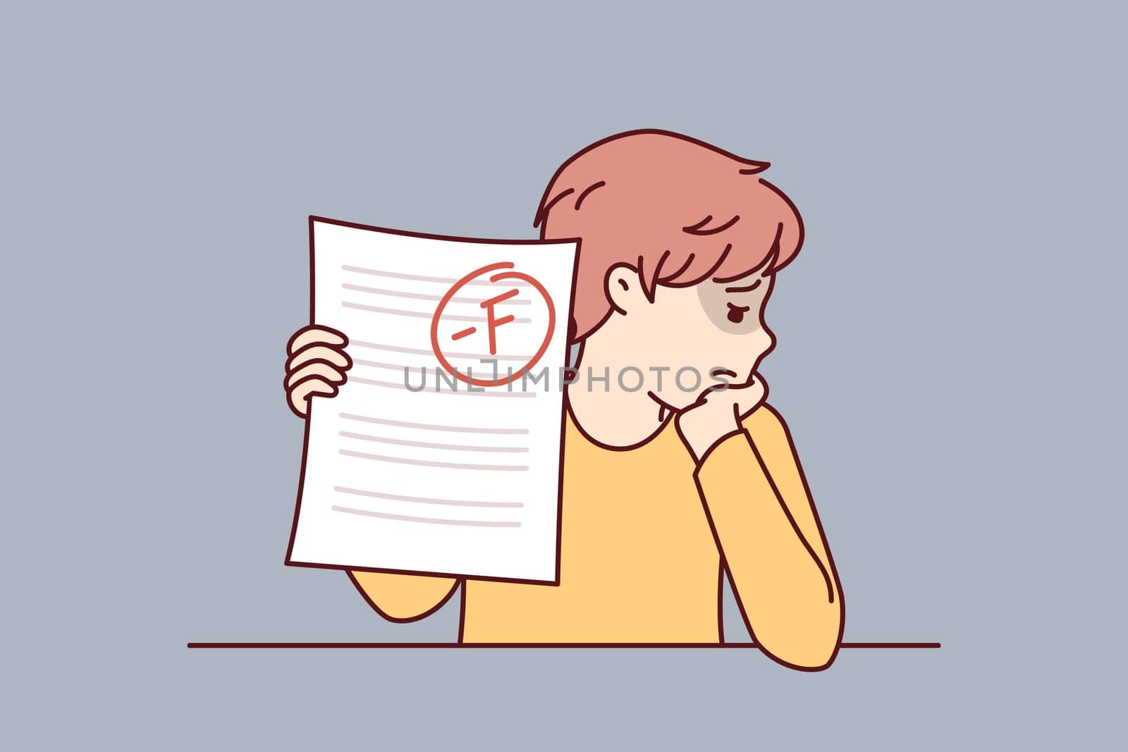 Schoolboy is sad because of poor test score and educational failures caused by lack of motivation to study at school. Boy is upset after receiving exam in primary school and needs help of tutor