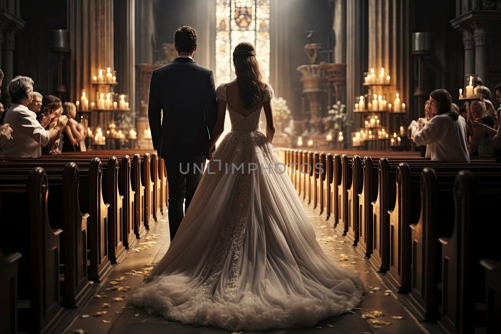 A bride and groom walking down the aisle of a church during their wedding ceremony. Generative AI