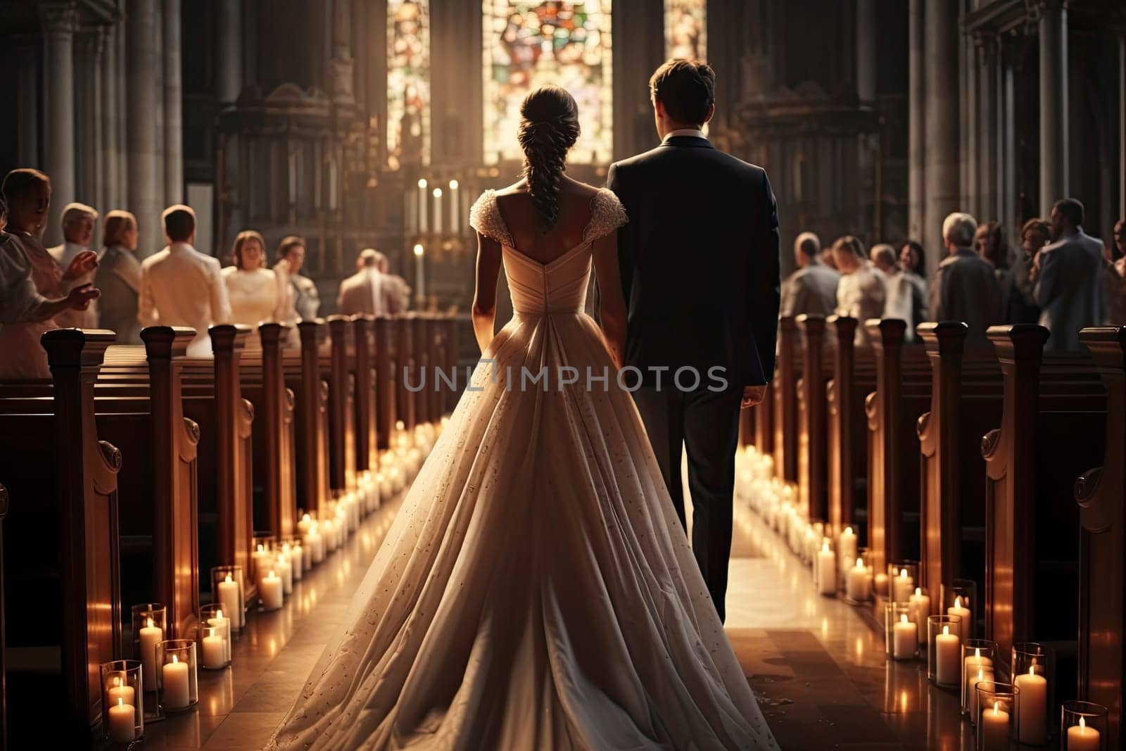 A bride and groom walking down the aisle of a church during their wedding ceremony. Generative AI