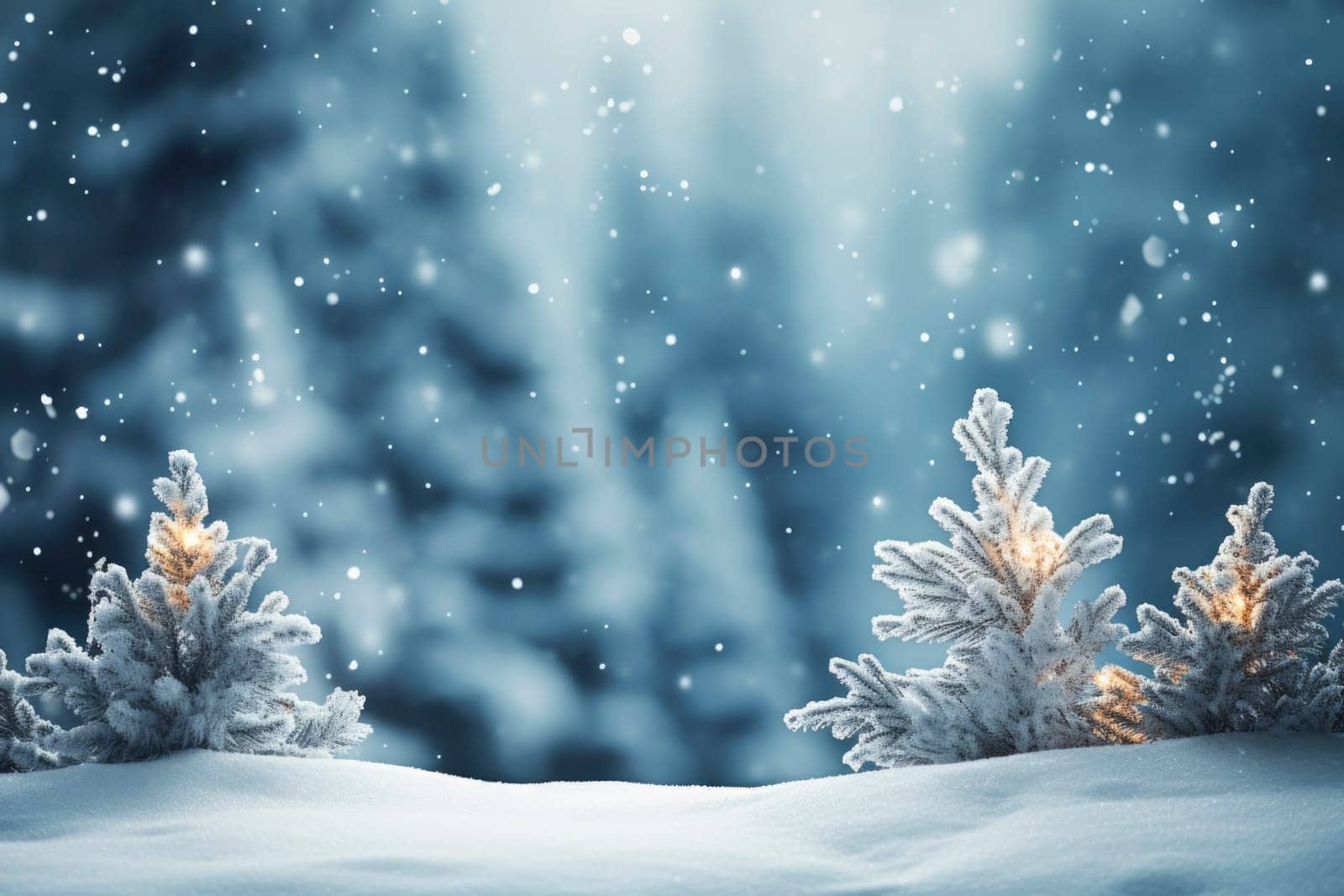Isolated christmas tree in idyllic white snowy landscape, greeting card banner concept with copy space for december holiday season, christmas background