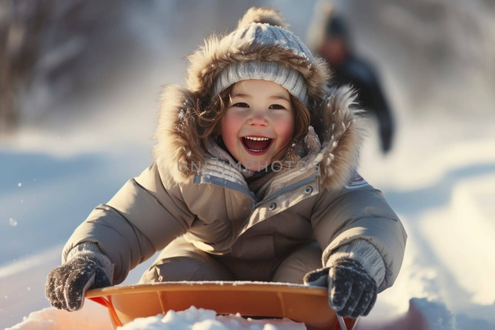 Concept of childhood, sledding in winter. Happy little girl is rolling down the hill on a sled.