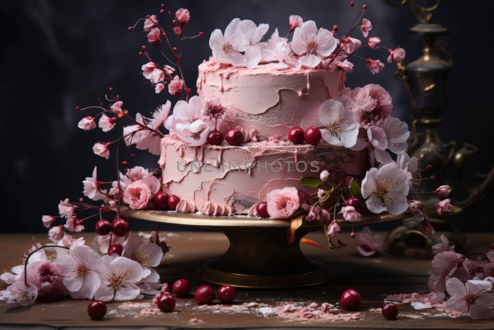 Wedding cake with violet cream cheese frosting decorated with caramel vase and golden chocolate spheres on the purple background. Luxury anniversary cake with pink chocolate velvet coating