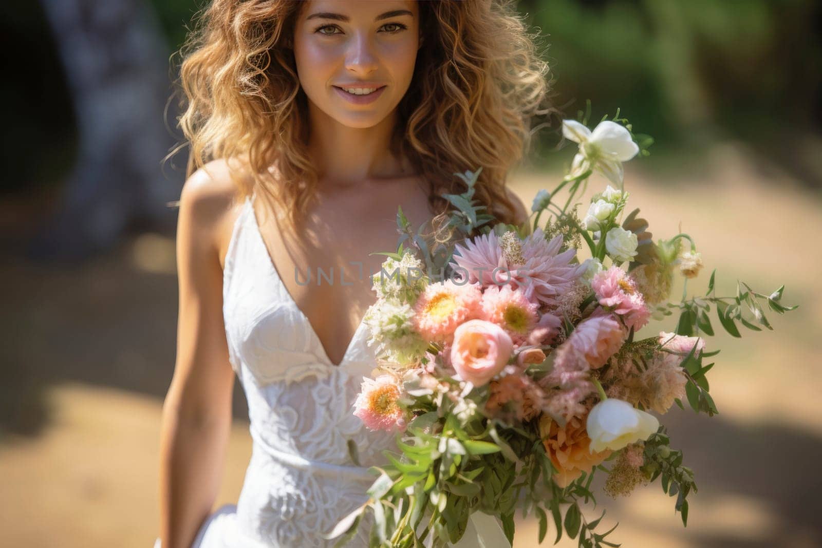 young girl in a white wedding dress holds in her hands a bouquet of flowers and greenery with a ribbon. Generative AI image