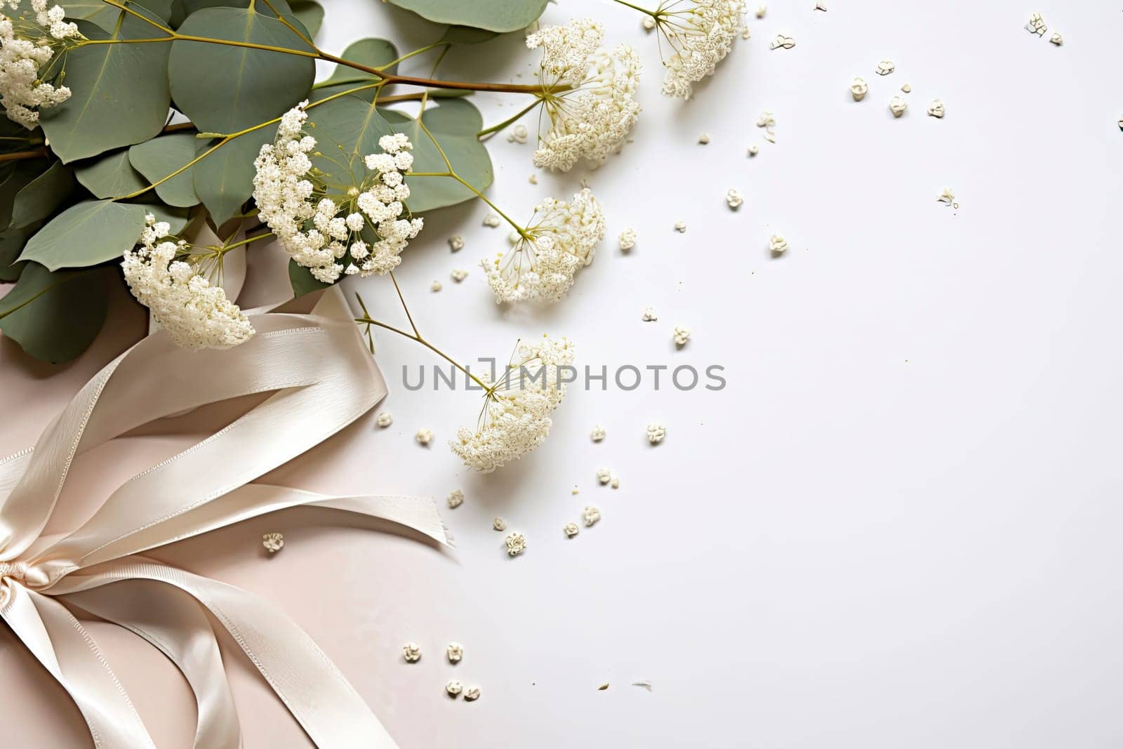 Styled stock photo. Feminine wedding desktop mockup with baby's breath Gypsophila flowers, dry green eucalyptus leaves, satin ribbon and white background. Empty space. Top view. Picture for blog.