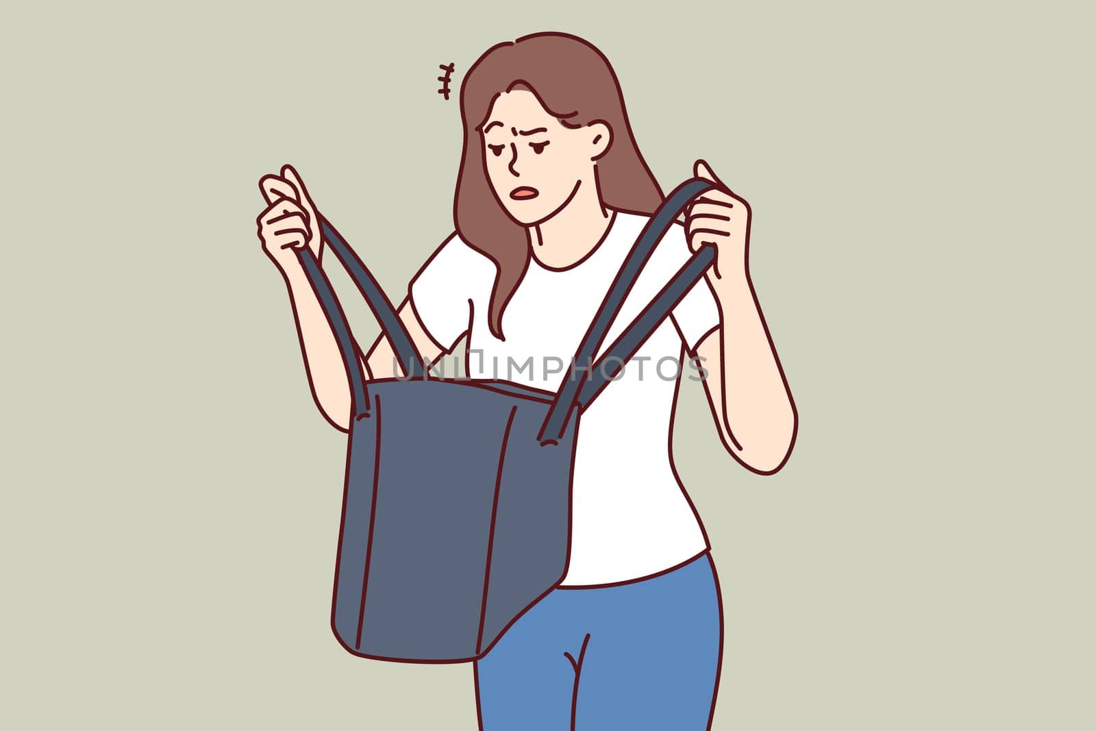 Woman is nervous looking into purse and seeks lost keys or purse forgotten at home. Confused girl stands with bag in hands, and is disappointed after learning about theft of wallet with money