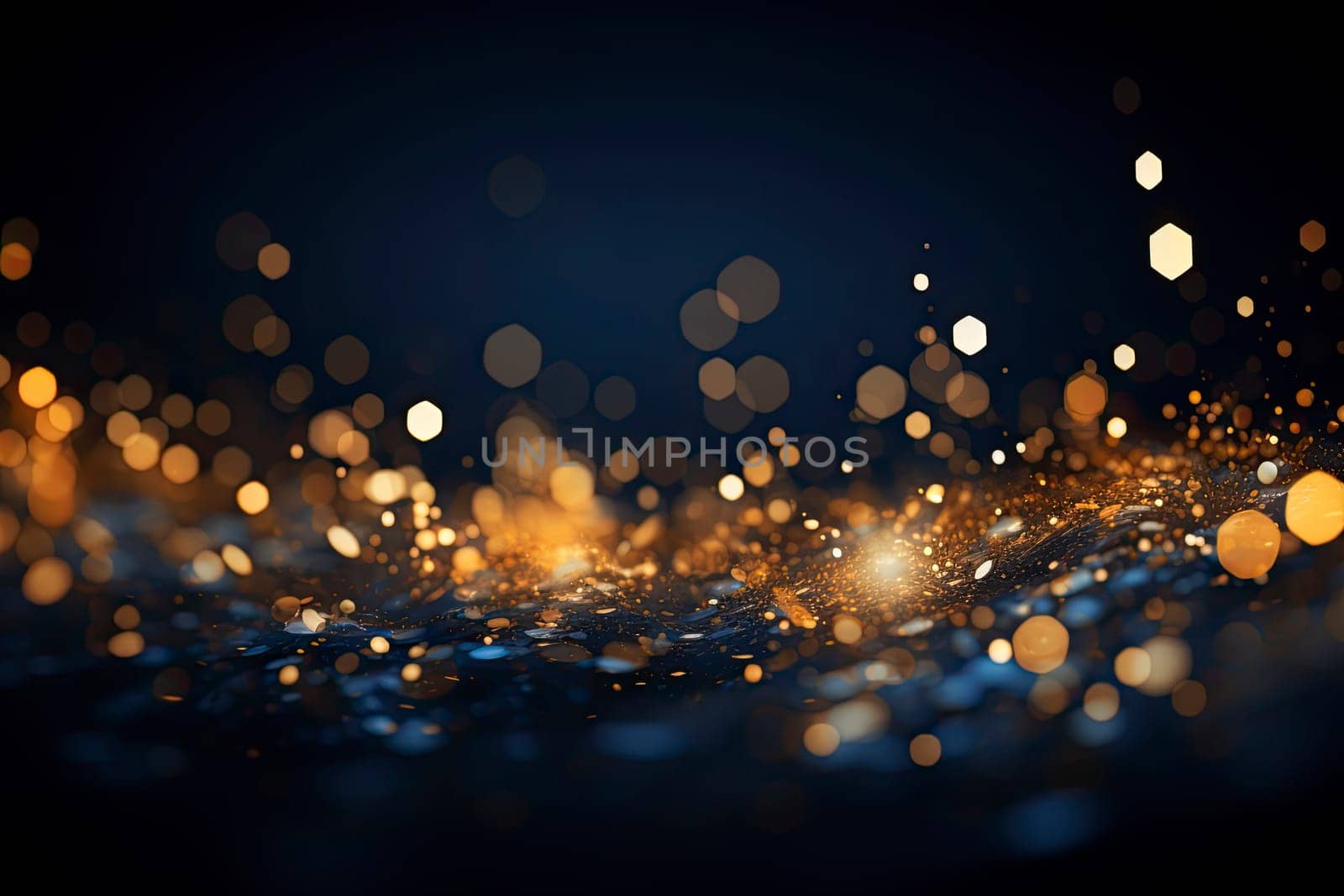 Magic background with golden bokeh with colorful purple pink yellow. Frame from golden shiny splashes, drops. Elegant luxury wallpaper