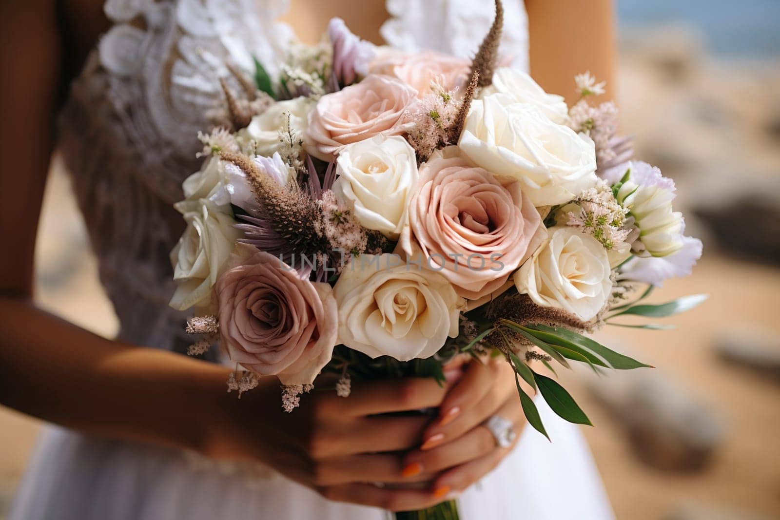 young girl in a white wedding dress holds in her hands a bouquet of flowers and greenery with a ribbon. Generative AI image