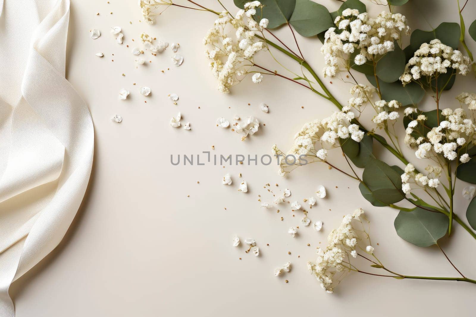 Styled stock photo. Feminine wedding desktop mockup with baby's breath Gypsophila flowers, dry green eucalyptus leaves, satin ribbon and white background. Empty space. Top view. Picture for blog.