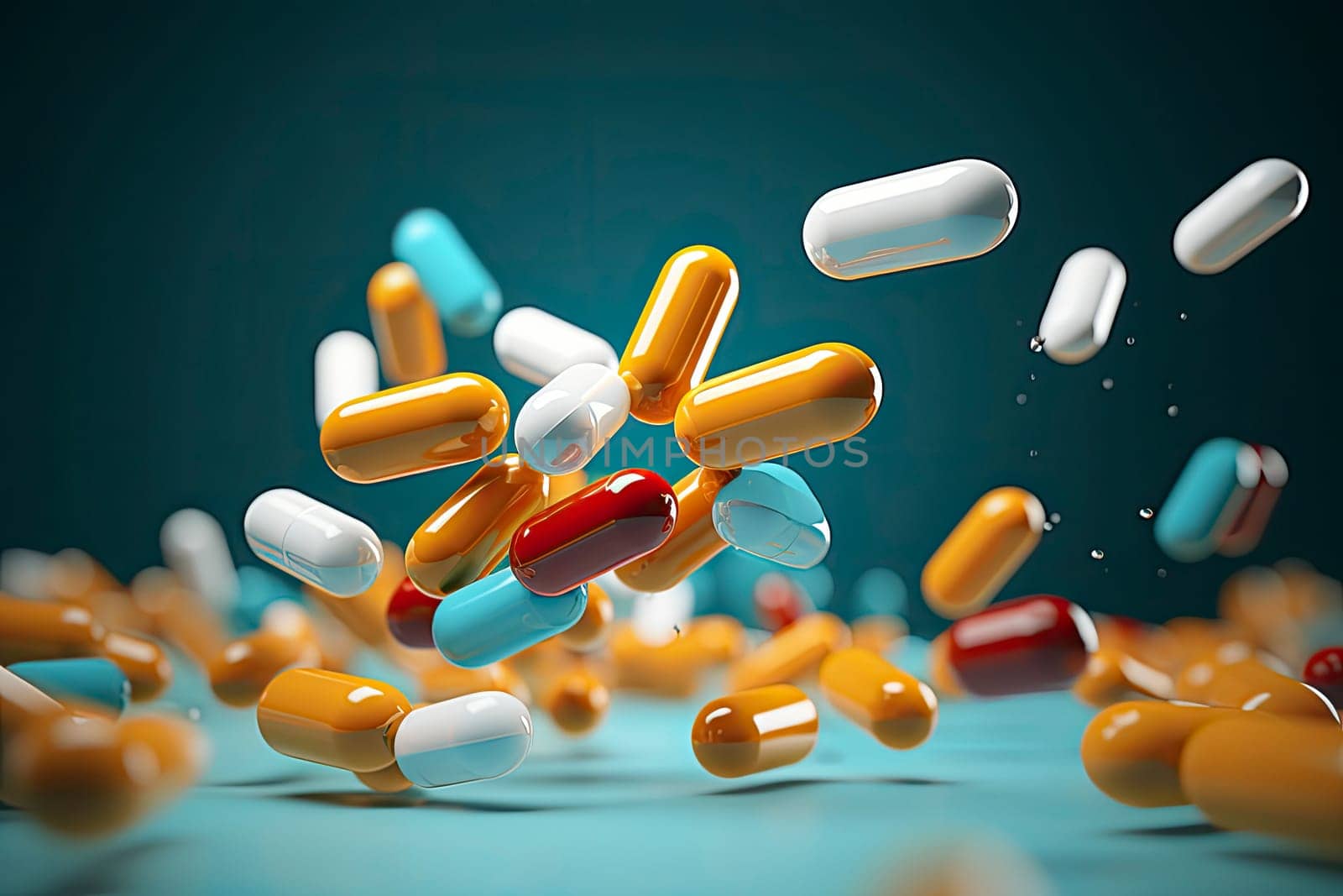 Creative concept with different pills, capsules falling over grey background. Health care, vitamins and treatment concept. Selective focus. Horizontal shot