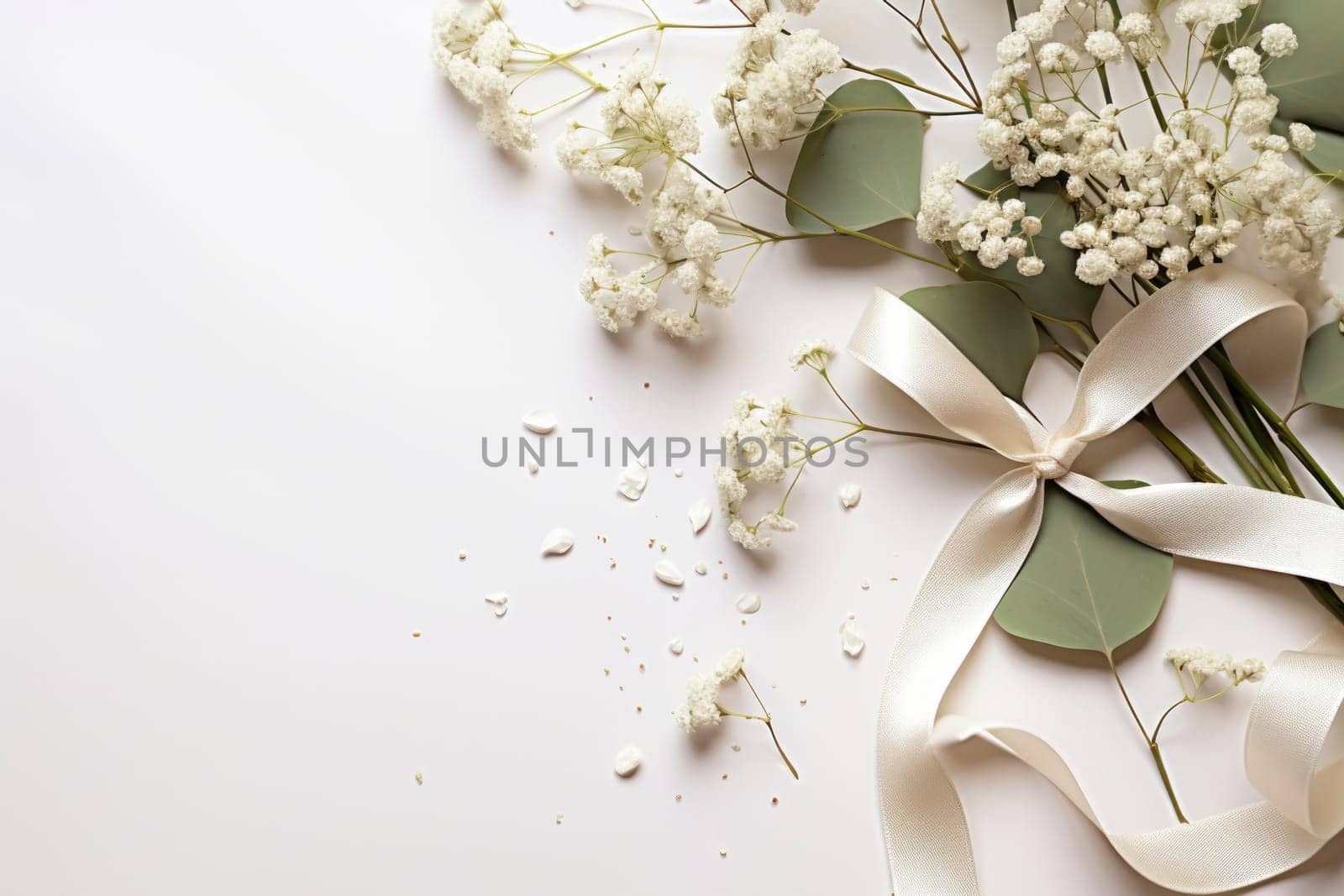 Styled stock photo. Feminine wedding desktop mockup with baby's breath Gypsophila flowers, dry green eucalyptus leaves, satin ribbon and white background. Empty space. Top view. Picture for blog.