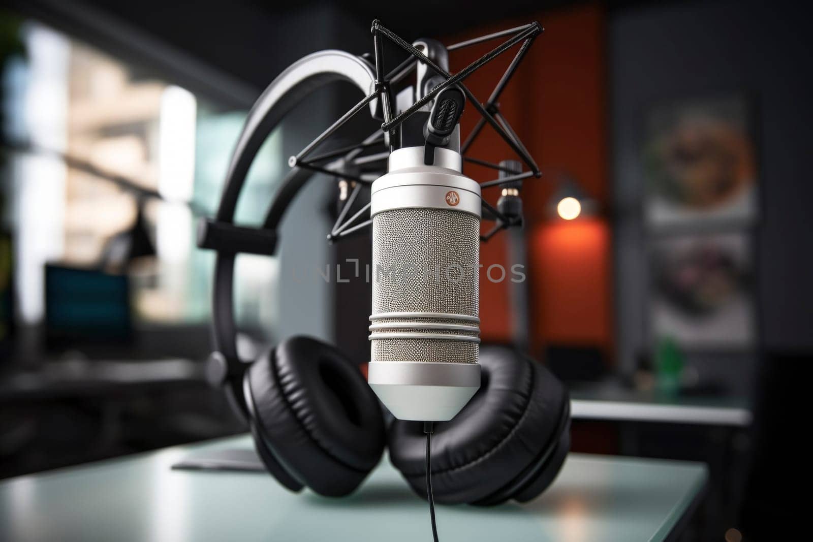 Professional studio microphone. Condenser microphone on a dark background. It is designed for podcasting. Microphone as a symbol for recording audio podcasts. Recording audio podcasts in studio