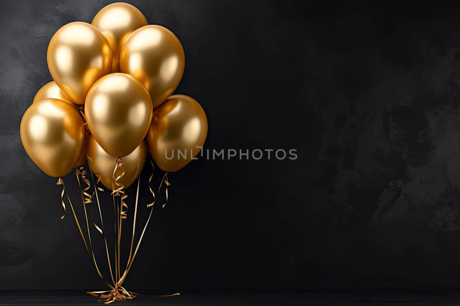 Bunch of big golden balloons objects for birthday party isolated on a black background with copy space.
