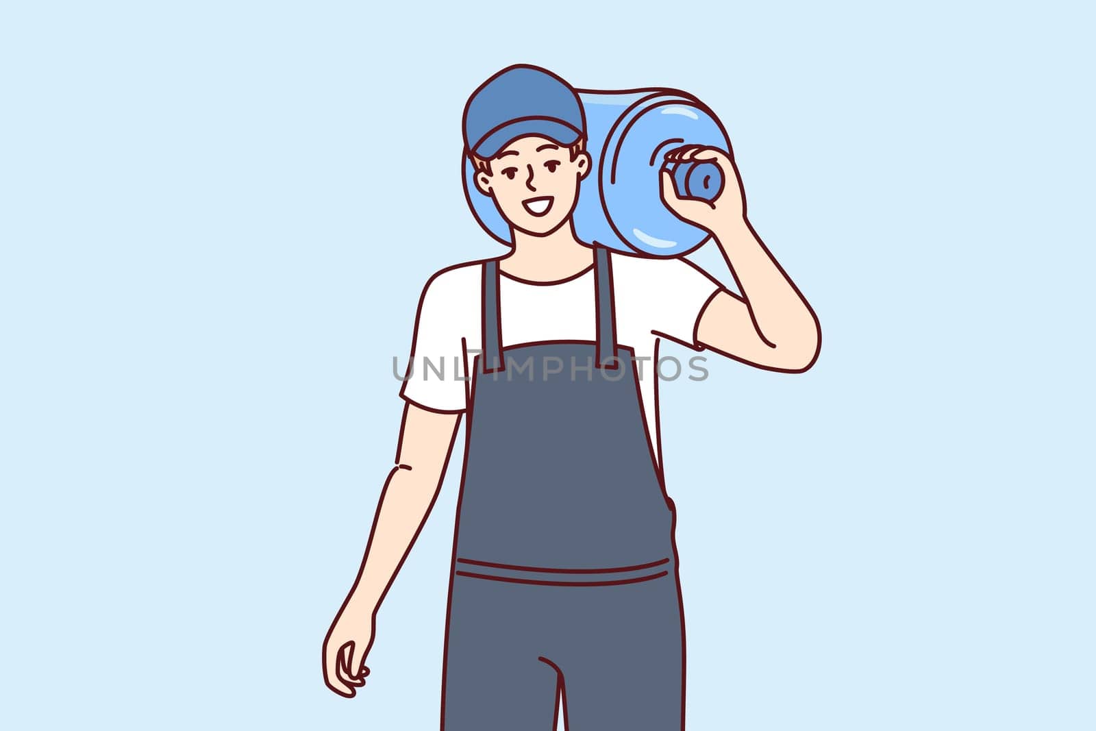 Bottle of water for cooler on shoulder of male loader delivering drinking aqua to offices. Guy courier in cap and work overalls works in delivery service of artesian water for cooler