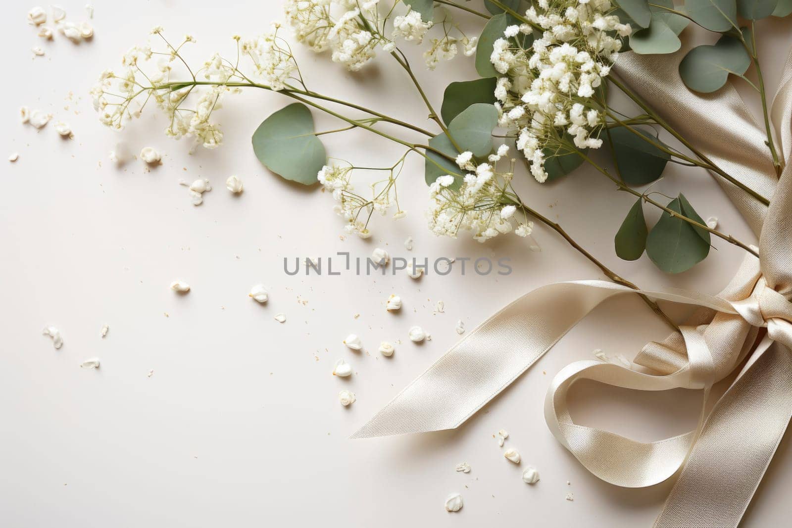 Styled stock photo. Feminine wedding desktop mockup with baby's breath Gypsophila flowers, dry green eucalyptus leaves, satin ribbon and white background. Empty space. Top view. Picture for blog.