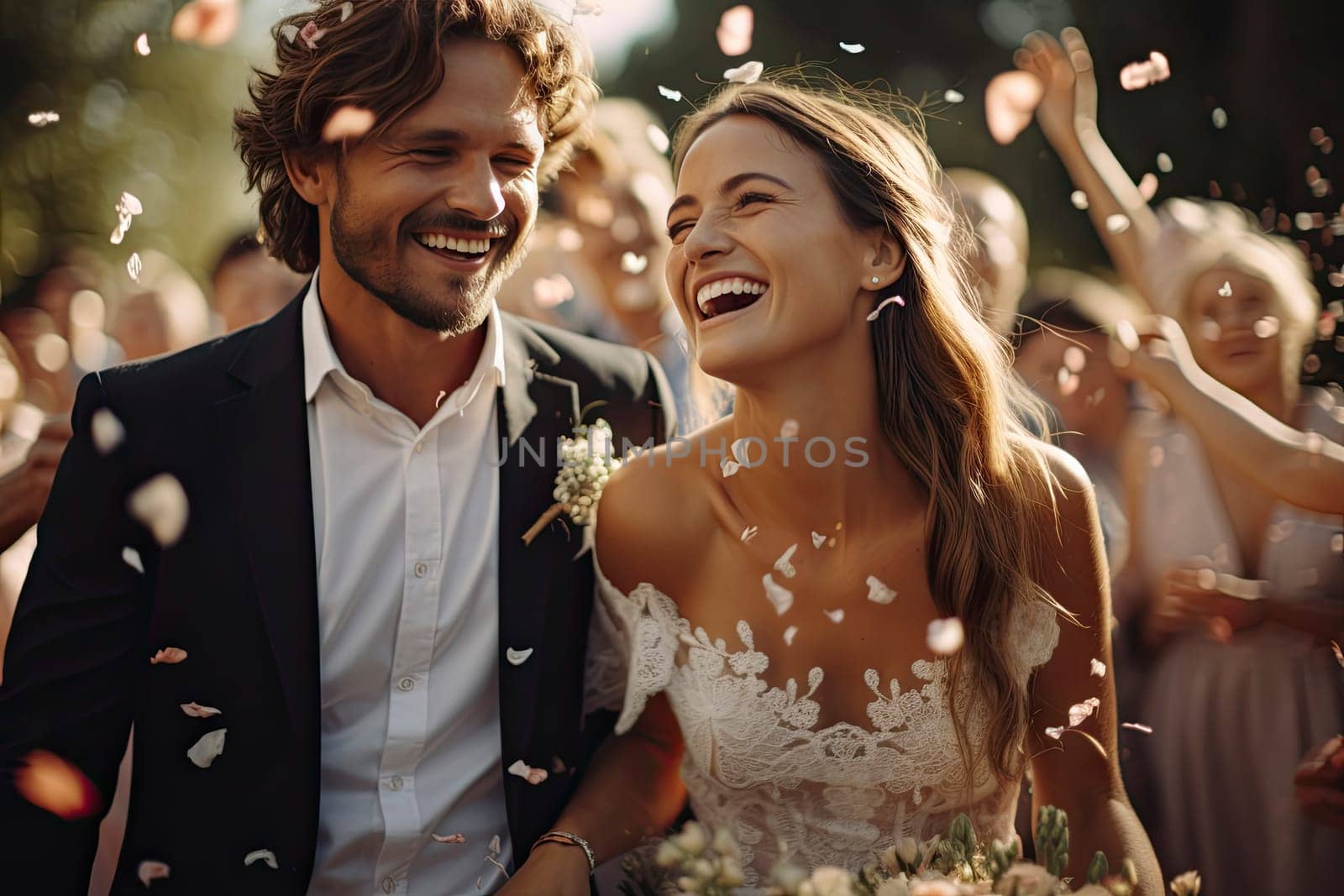 Beautiful bride and groom coming out after the wedding ceremony as their guests scatter flower petals. happy bride and groom. traditional holiday.