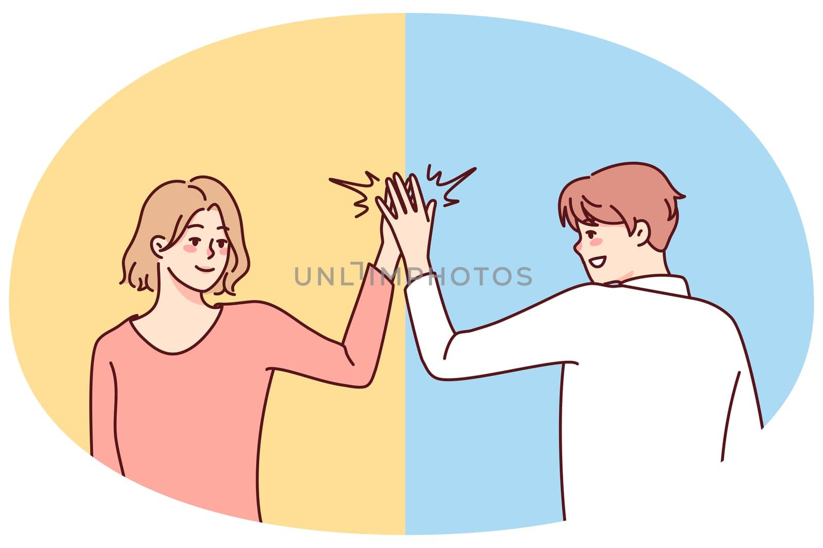 Happy man and woman give high five. Smiling people greeting outdoors. Body language and nonverbal communication. Vector illustration.