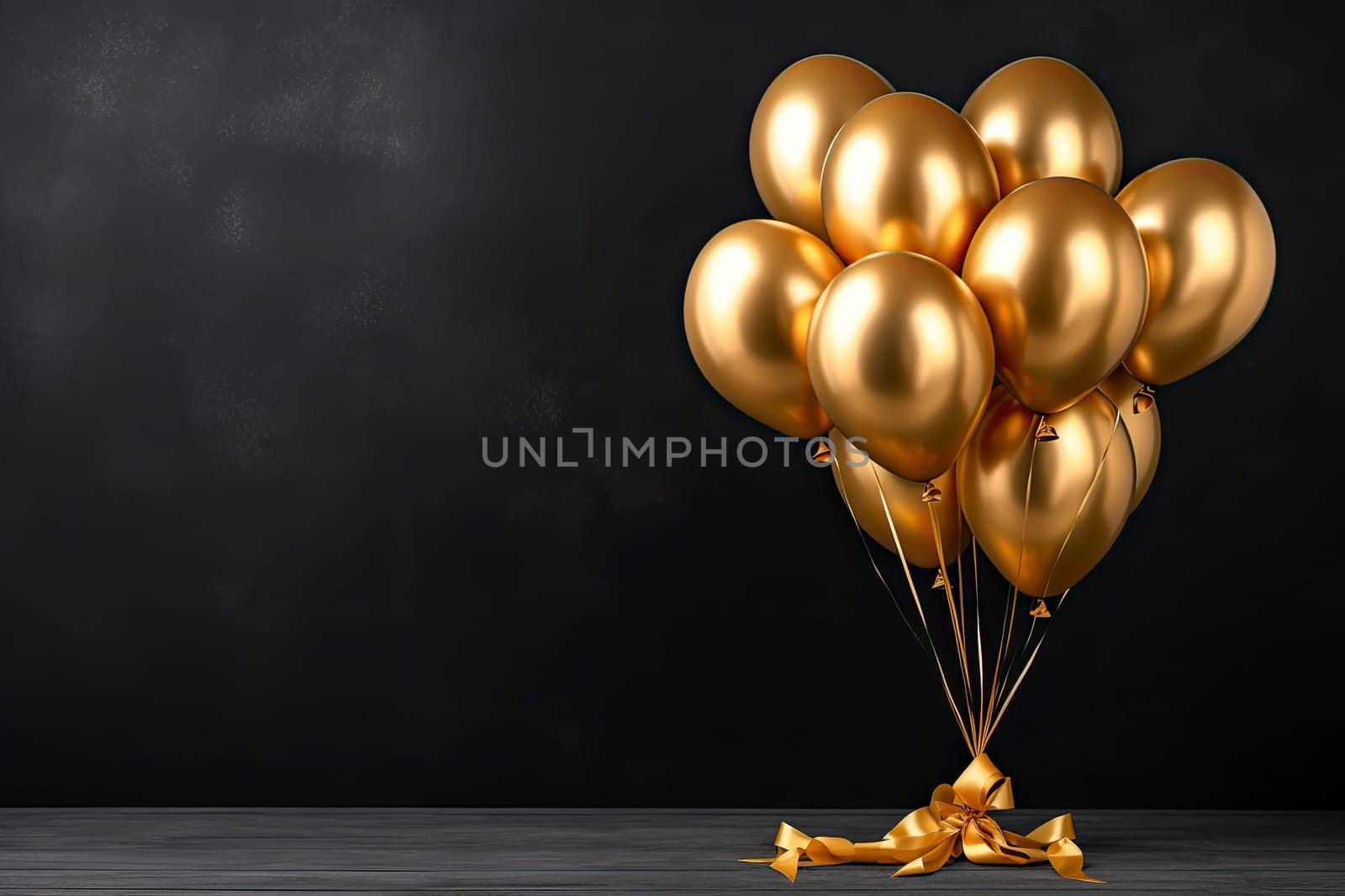 Bunch of big golden balloons objects for birthday party isolated on a black background with copy space.