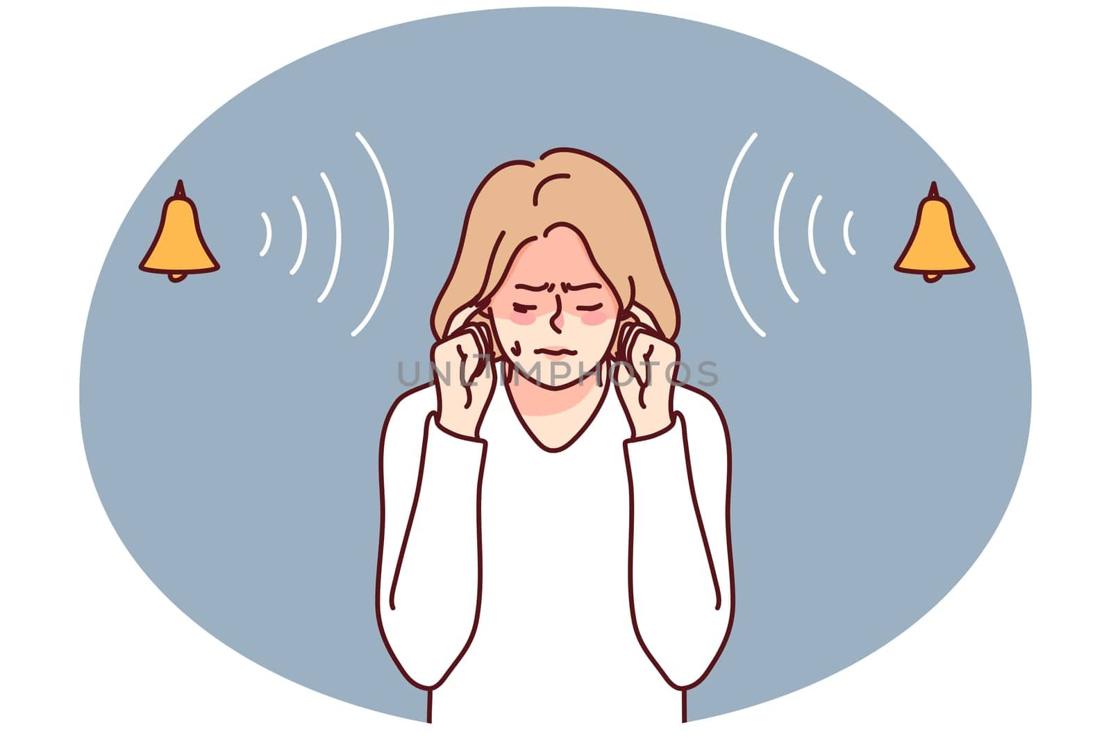 Stressed woman close ear suffer from loud noise. Unhappy girl avoid noisy bells ringing. Vector illustration.