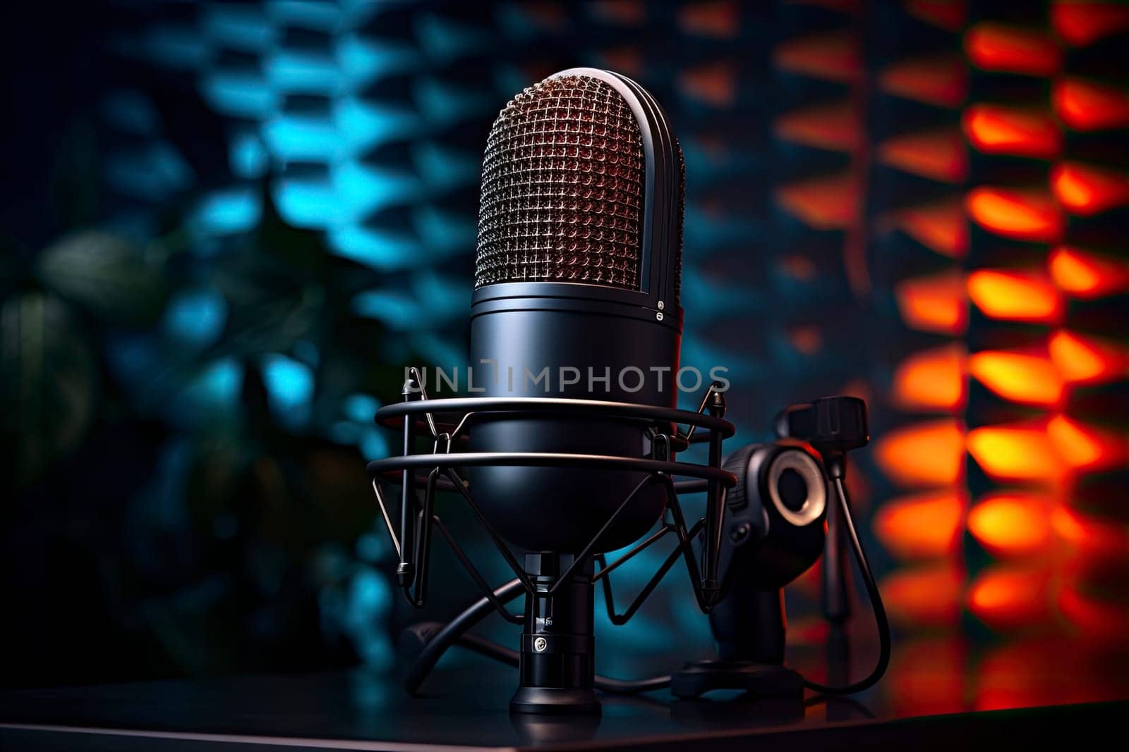 Professional studio microphone. Condenser microphone on a dark background. It is designed for podcasting. Microphone as a symbol for recording audio podcasts. Recording audio podcasts in studio
