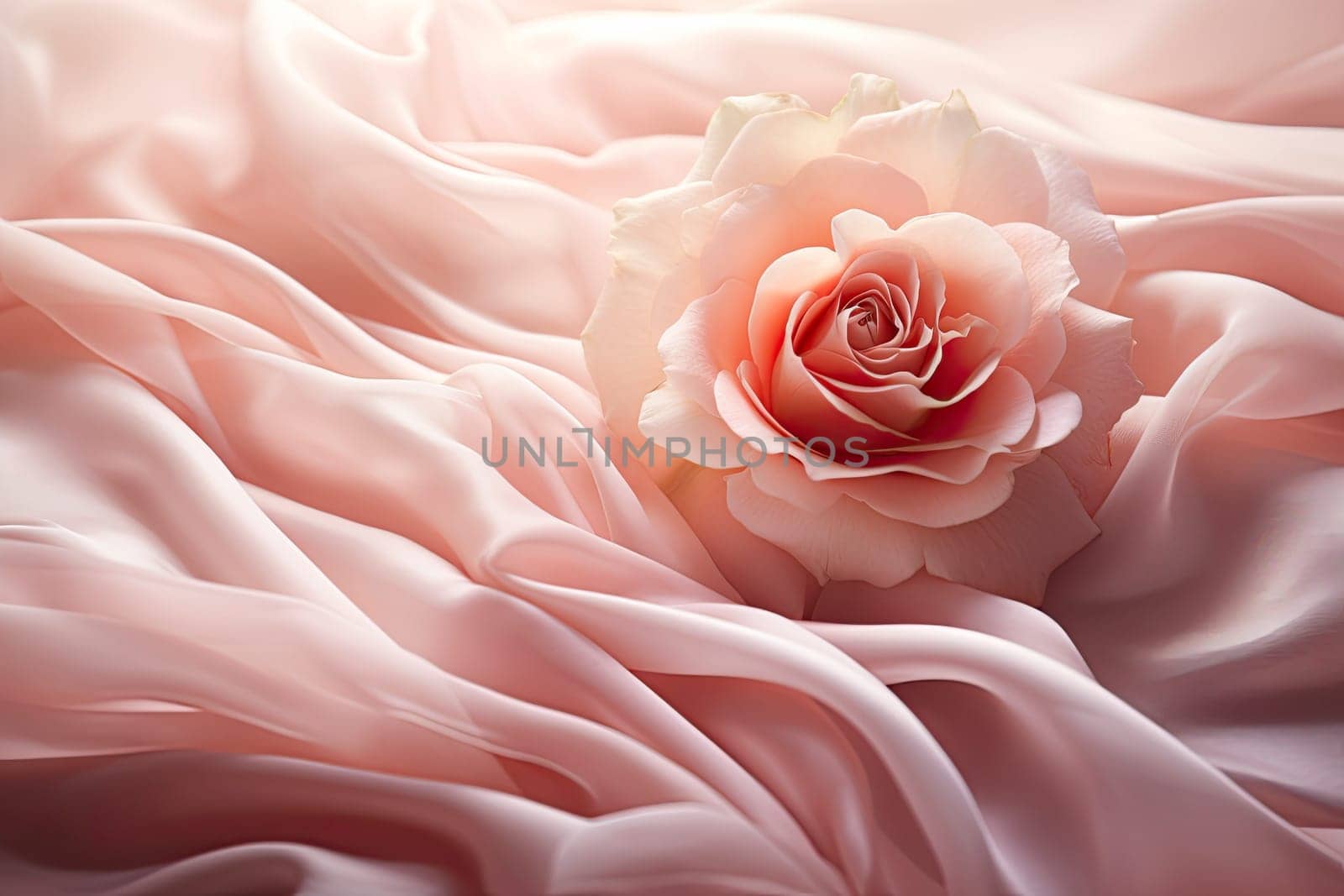Rose flower on a waved draped soft pink silk fabric. Abstract texture horizontal copy space background.