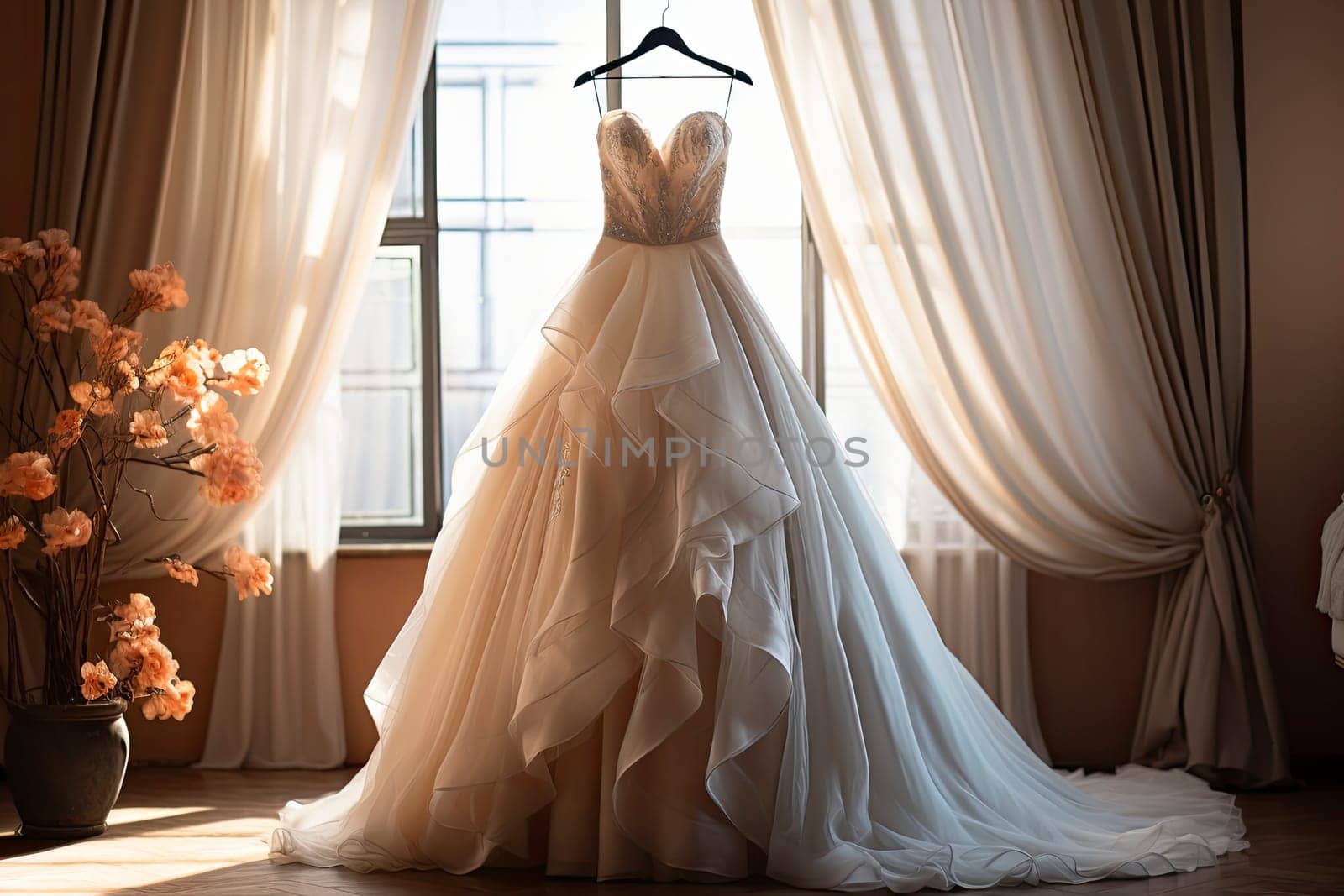 Beautiful wedding dress hanging on a mannequin in a interior of bridal salon. Wedding show room trendy, modern.