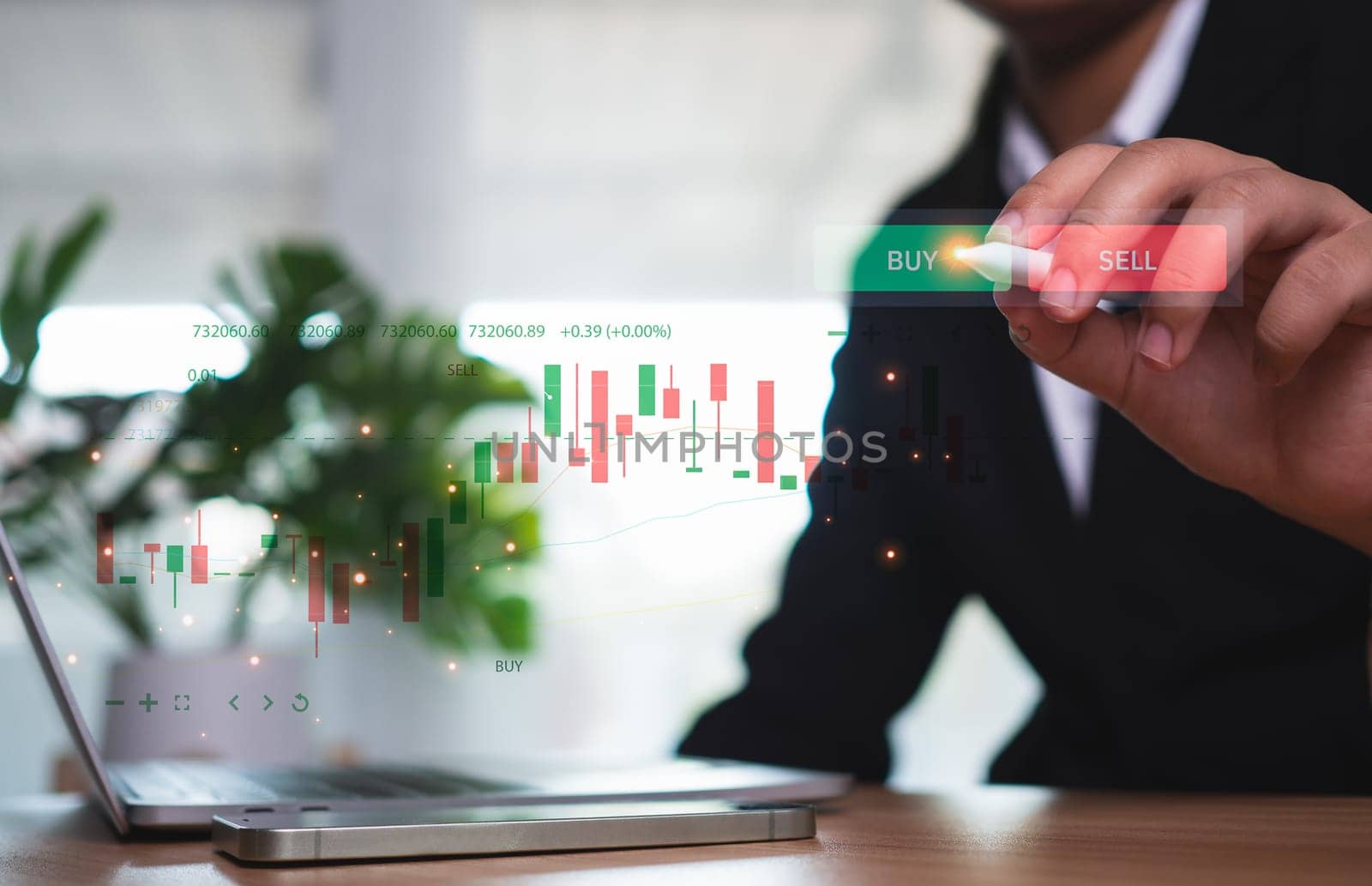 Stock market, Business growth, progress or success concept. Businessman or trader is showing a growing virtual hologram stock, invest in trading.