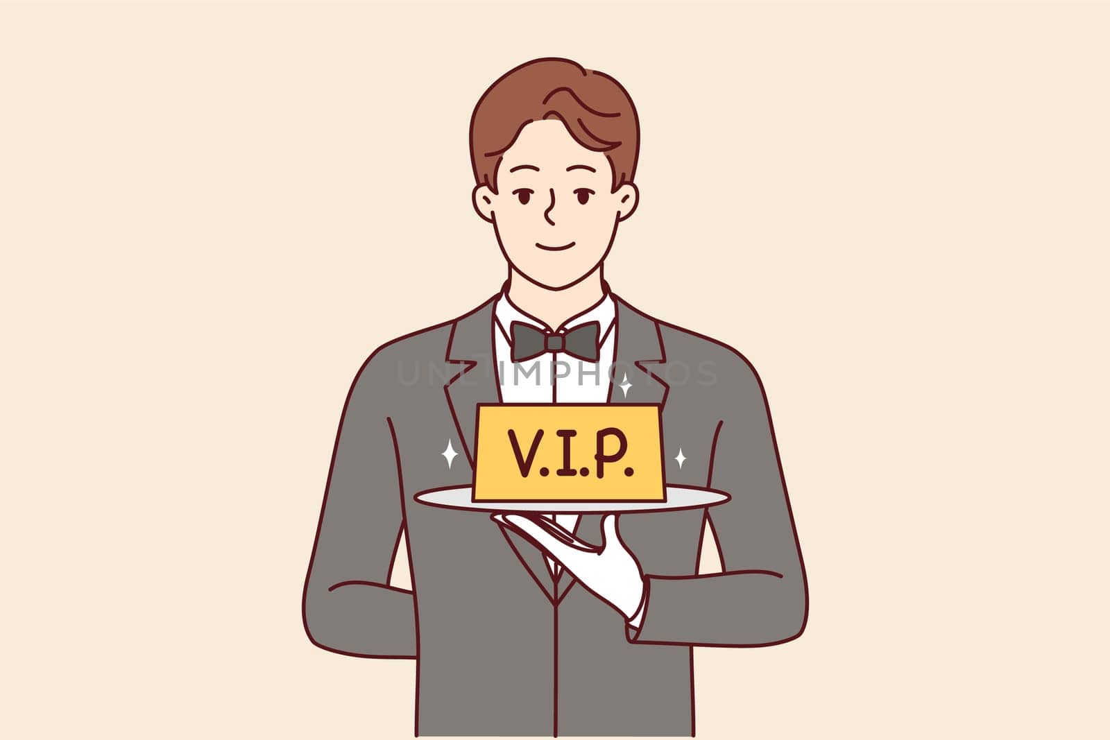 Man restaurant waiter holds vip sign on tray, offering to book table with personalized service. Guy in suit and white gloves works as professional waiter in catering company with vip clients.