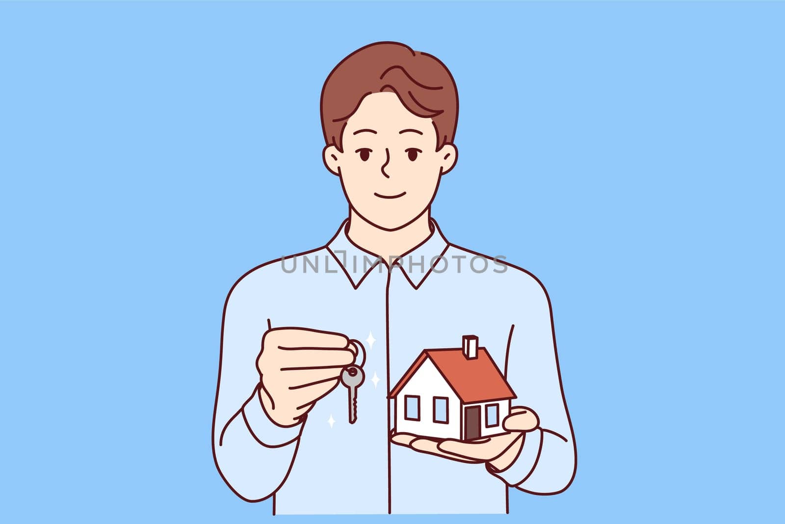 Man real estate broker holds keys and model house offering to take out mortgage on favorable terms. Real estate agent guy looks at screen and smiles, recommending to provide consultation services