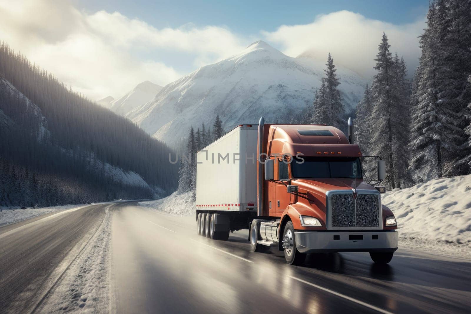 Red big rig commercial semi truck transporting cargo in dry van semi trailer running on the wet turning road with winter forest at snowing weather during a snow storm