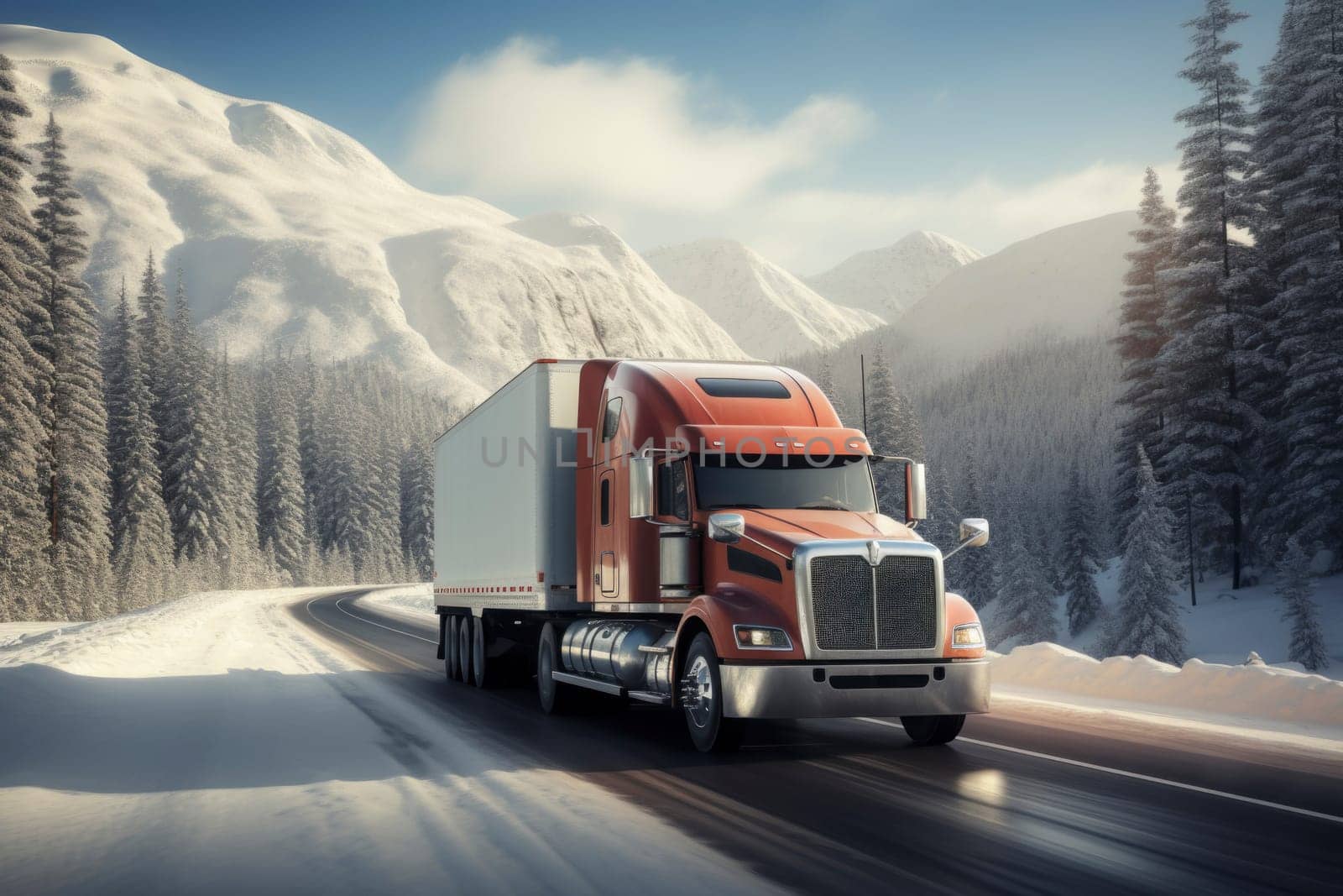 Red big rig commercial semi truck transporting cargo in dry van semi trailer running on the wet turning road with winter forest at snowing weather during a snow storm