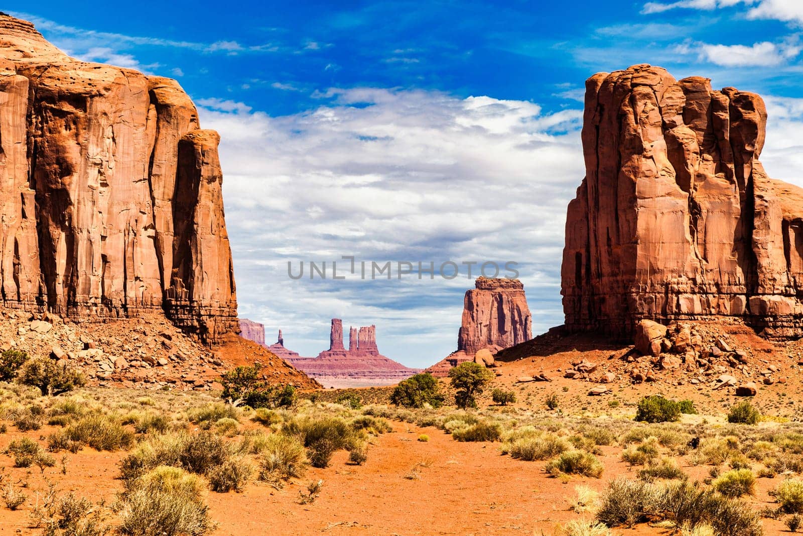 Monument Valley horizon, US, Navajo canyon park. Scenic sky, nature and rock desert.