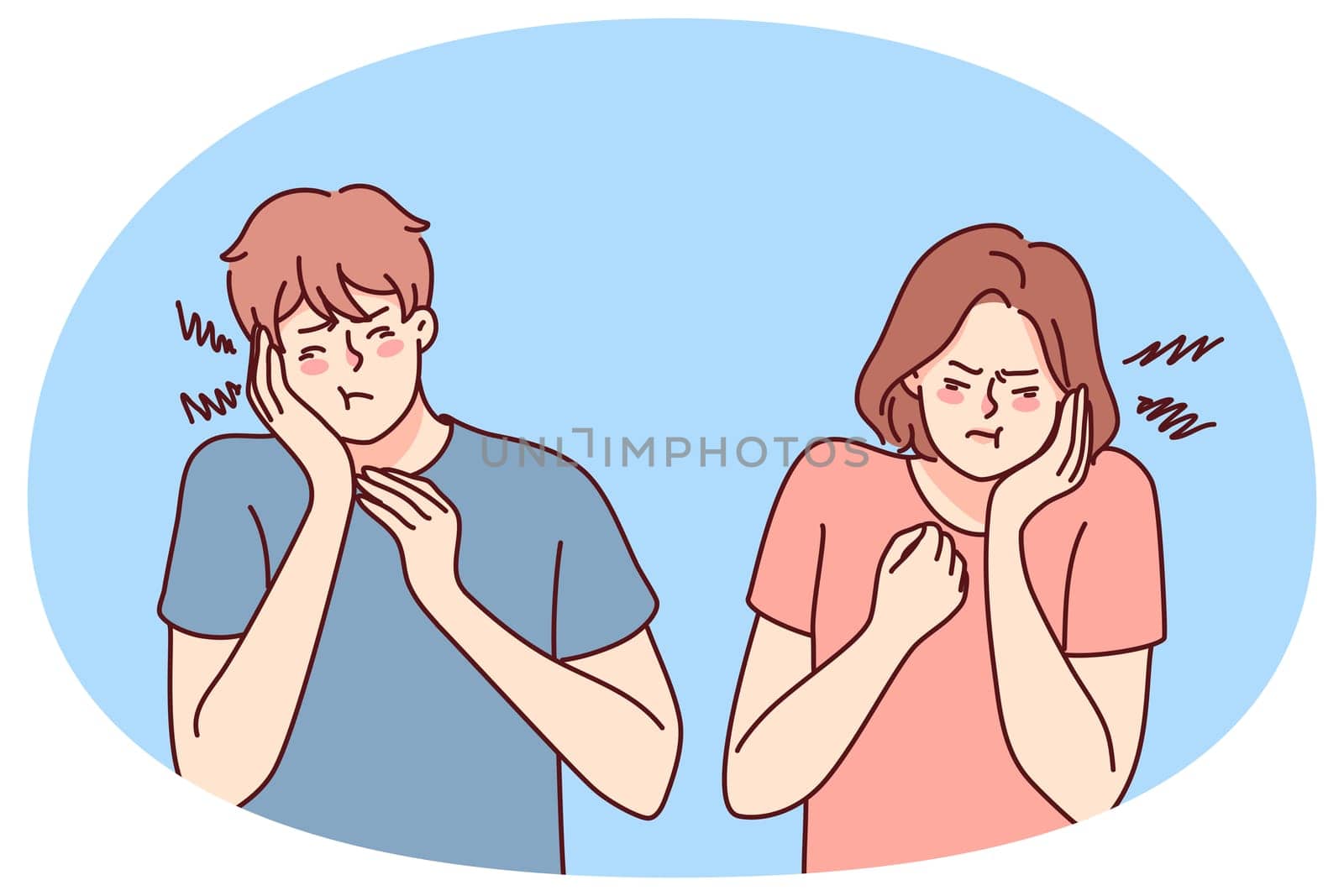 Unhealthy people suffer from toothache. Man and woman hold cheek struggle with painful teeth inflammation. Healthcare. Vector illustration.