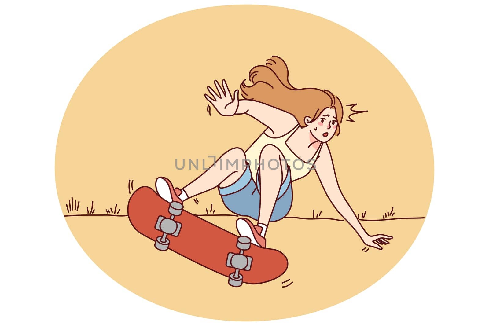 Woman riding skate falling outside. Girl have fun starting on street falling from sport equipment. Vector illustration.