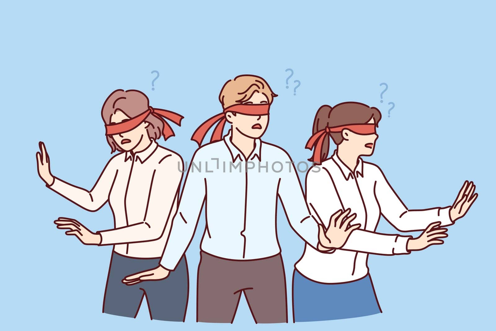 Business people with blindfolds look in different directions, symbolizing lack of coherence between company employees. Man and two female office workers are having trouble coordinating