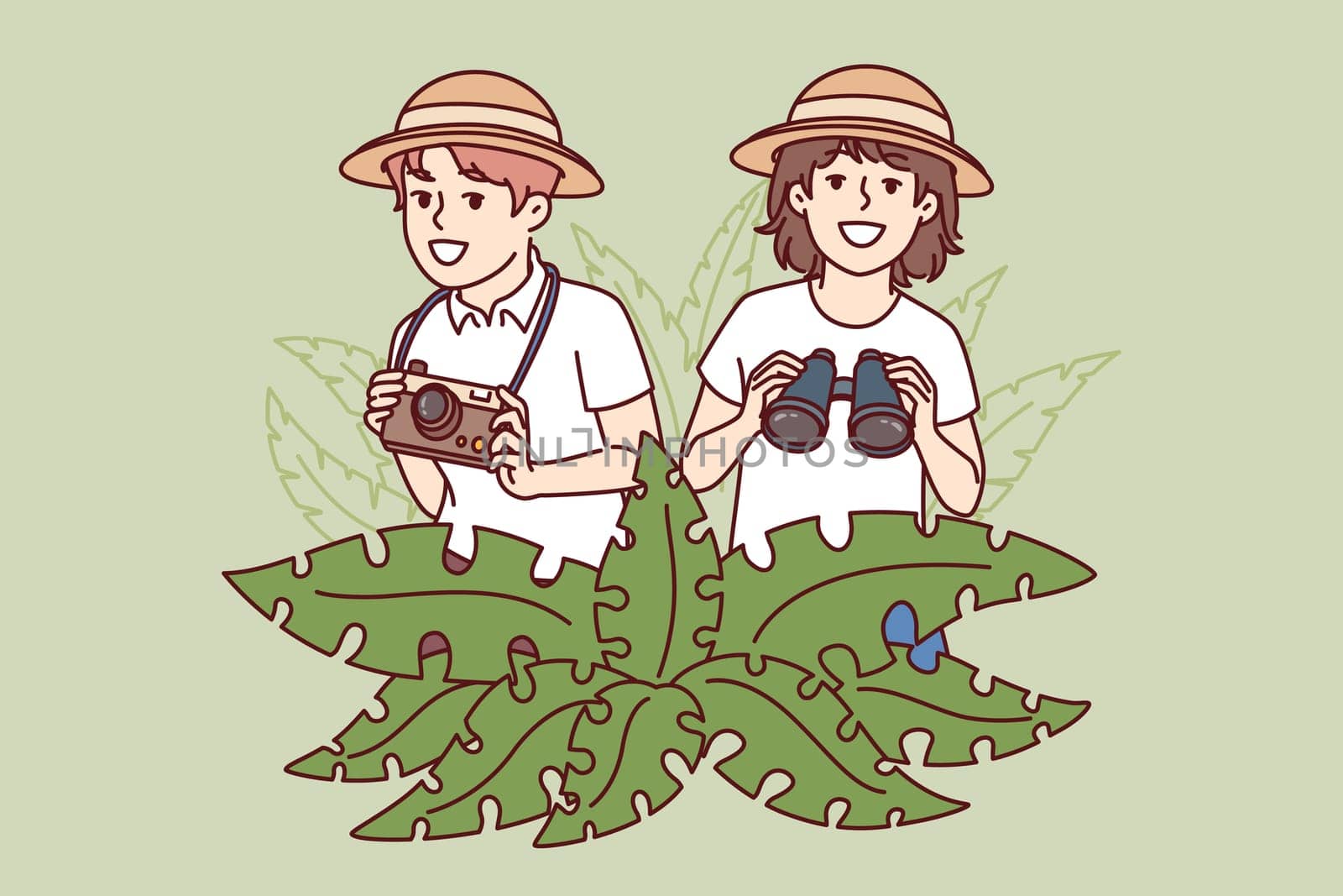 Little travelers stand in jungle with camera and binoculars in hands, spending summer holidays on tropical island. Boy and girl went on trip to exotic jungle, in search of adventure.