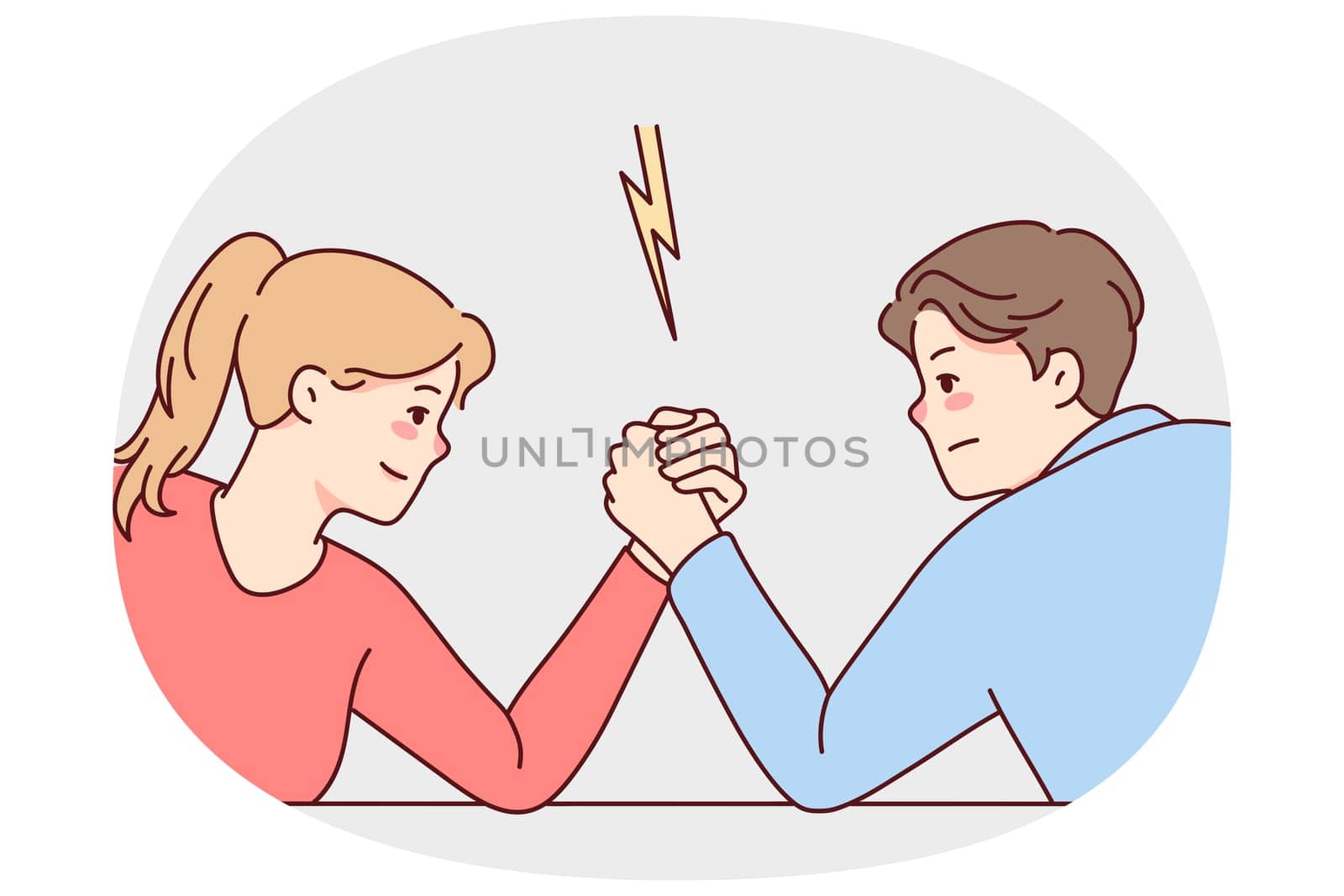 Man and woman arm wrestling decide leadership and dominance. Male and female cartoon characters demonstrate strength and power. Vector illustration.