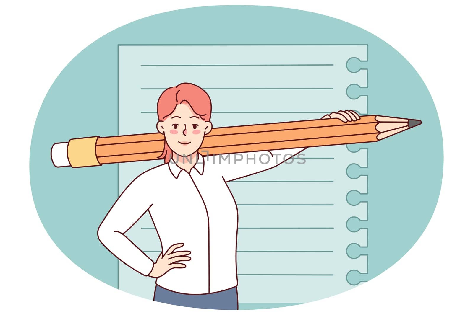 Smiling woman with huge pencil and paper. Happy female holding big writing tool ready for noting. Journalism or handwriting. Vector illustration.