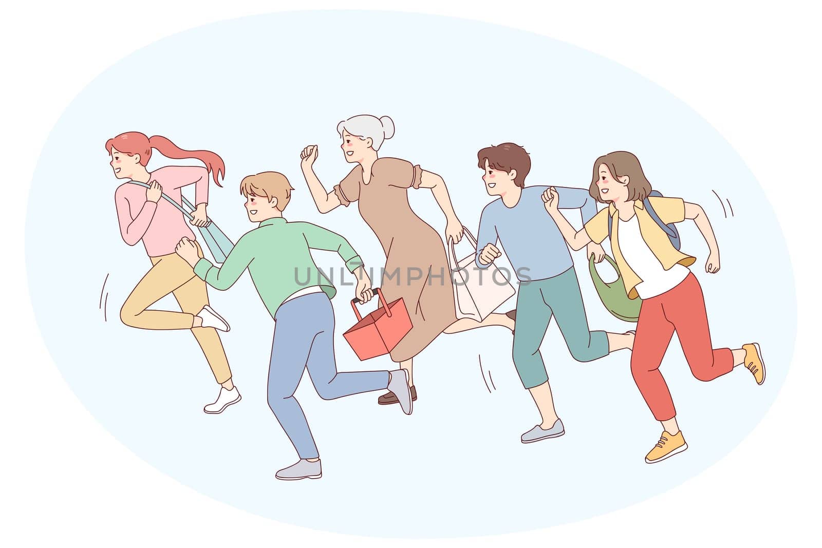 People running go shopping on sales. Excited shopaholics rush hurry for discounts or promotion. Vector illustration.