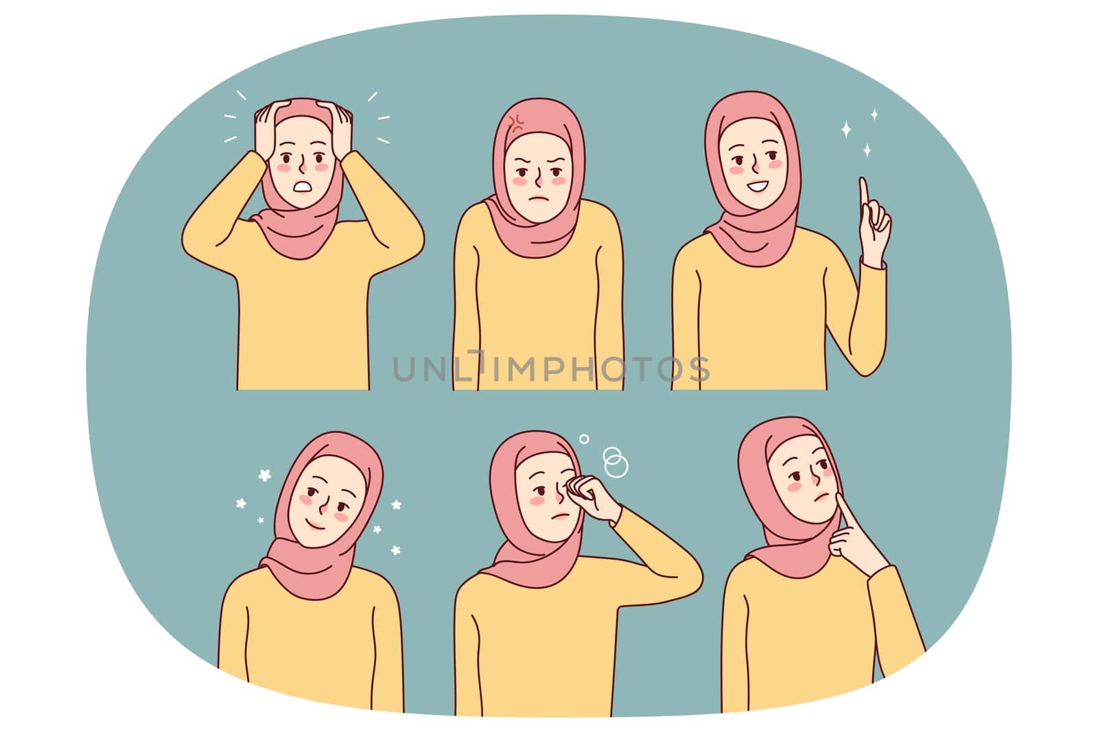 Set of young woman in hijab. Collection of Muslim female in traditional clothes showing different emotions. Vector illustration.