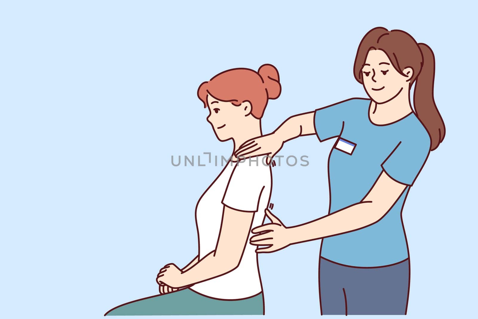 Woman physiotherapist gives massage to patient to relieve shoulder or back pain after failed workout. Girl works as physiotherapist and is engaged in chiropractic and helping people with sick spine