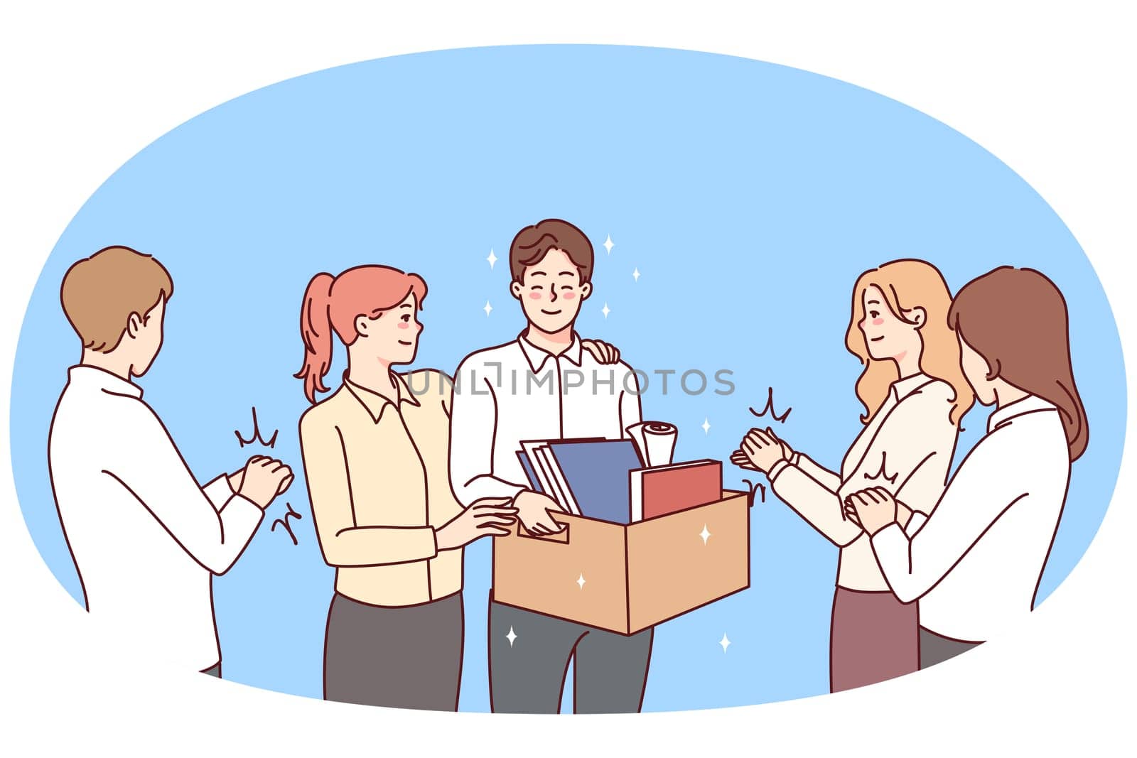 Happy employee welcome newcomer at workplace. Smiling businesspeople meet newbie in office. Employment and recruitment. Vector illustration.