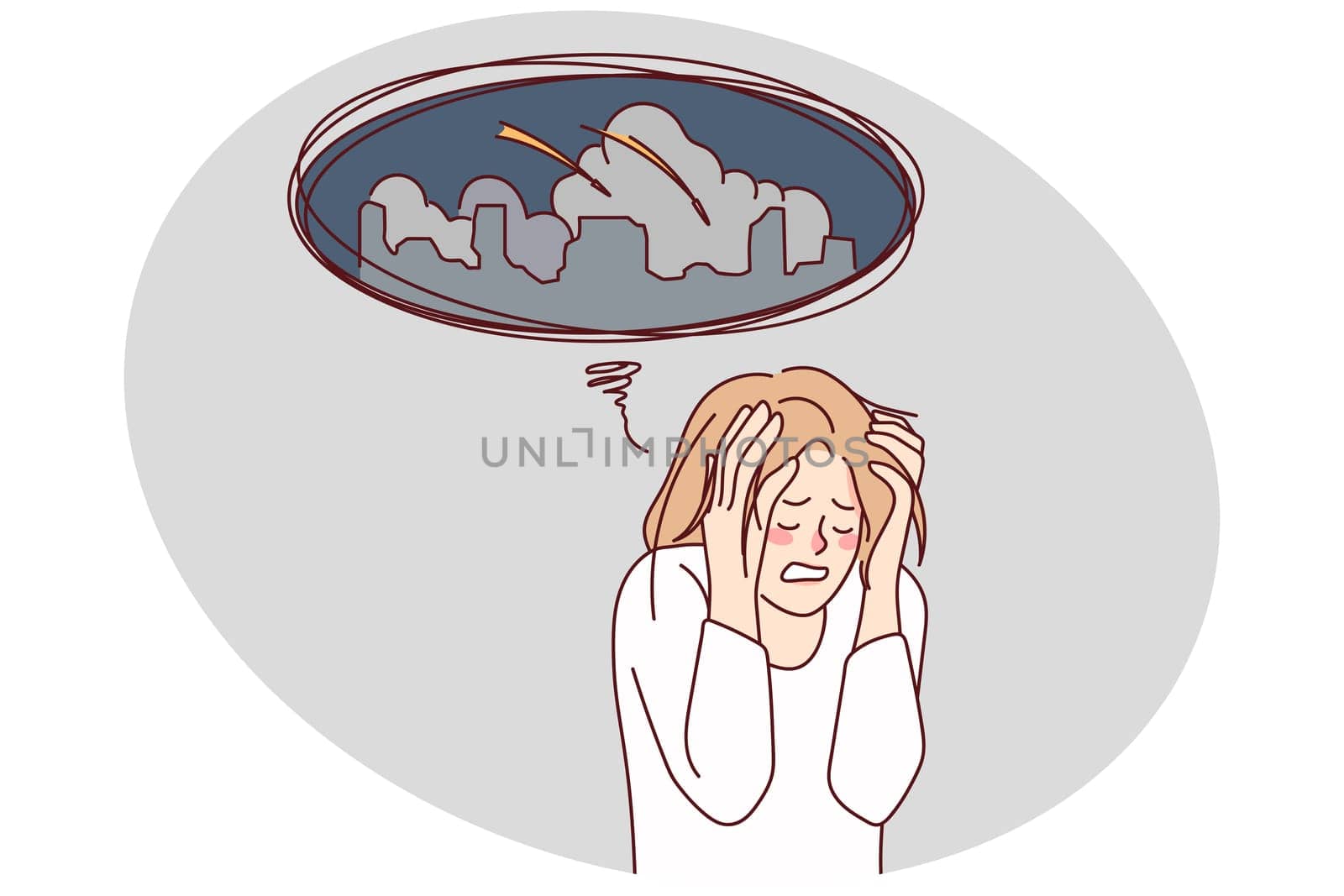 Unhappy woman worried about city bombings. Unhealthy stressed female think of war attack in town. Vector illustration.