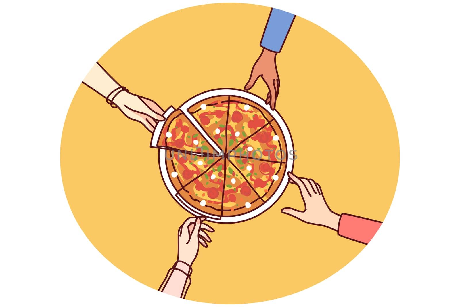 Close-up of people eating pizza together. Friends or colleagues share Italian fast food at work break in office. Vector illustration.